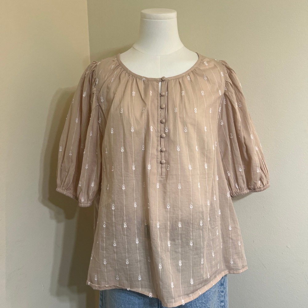 Universal Thread Beige Embroidered Puff Sleeve Peasant Blouse Top XL Tan Boho